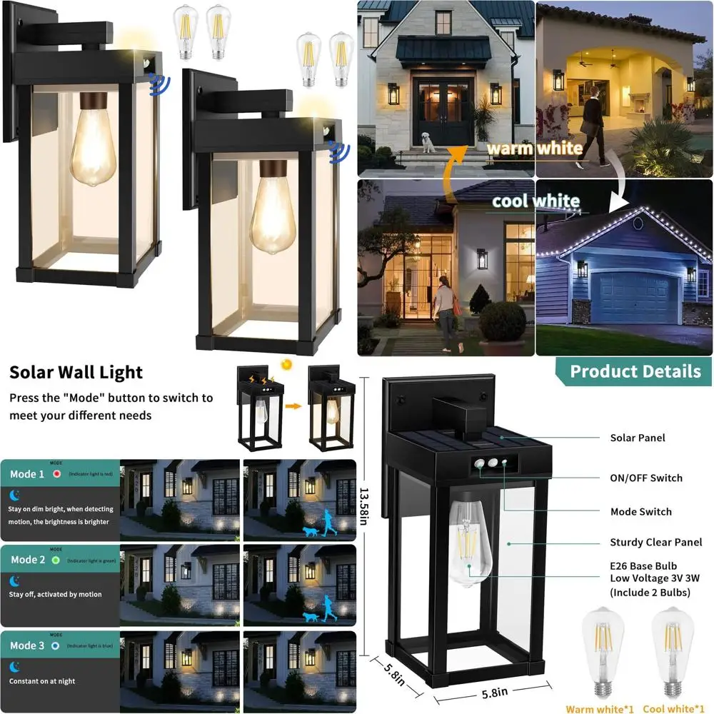 

Наружное солнечное настенное бра с 3 режимами освещения, датчиком движения, водонепроницаемостью для крыльца, двора и входной двери (5,8x5,8x13,58 дюйма)