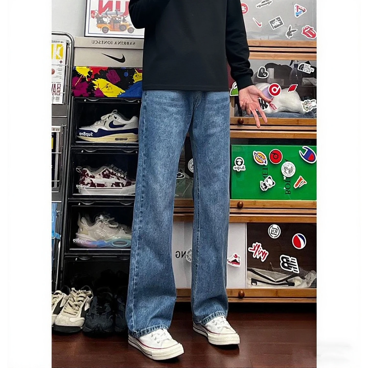 

American High Street Vibe Men's Loose Straight Leg Jeans Clean Fit Wide Leg Bootcut Denim Pants Teenager Fashion Casual Jeans