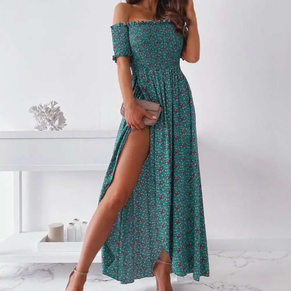 

Women Dress Off Shoulder Flower Print Maxi Dress Tight Waist Bohemia Summer Dress Sexy Short Sleeve High Split Maxi Dresses