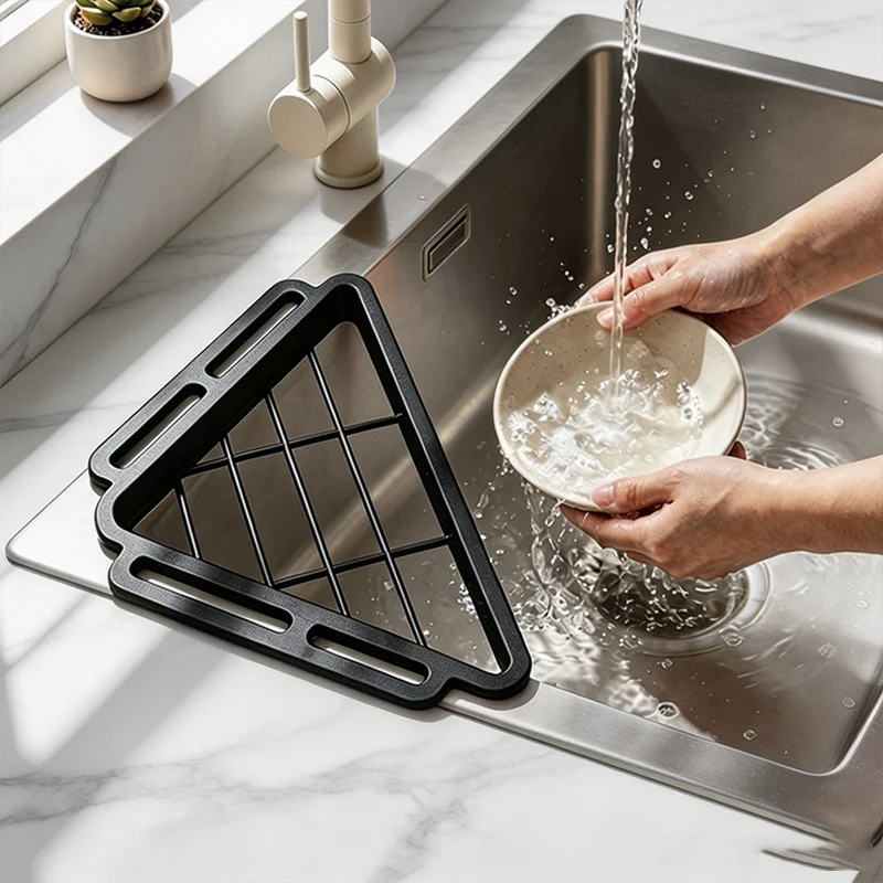 Kitchen Sink Triangular Draining Rack, Kitchen Shelf, ABS Scrubber And Sponge Multifunctional Draining Rack Storage Rack