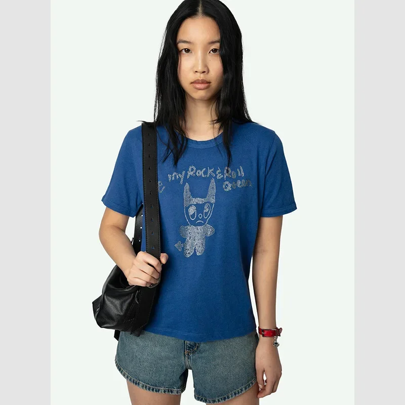 

25 Summer New French Niche ZV Little Devil Doll English Hot Diamond Cotton Women's Crew Neck Short Sleeve T-Shirt