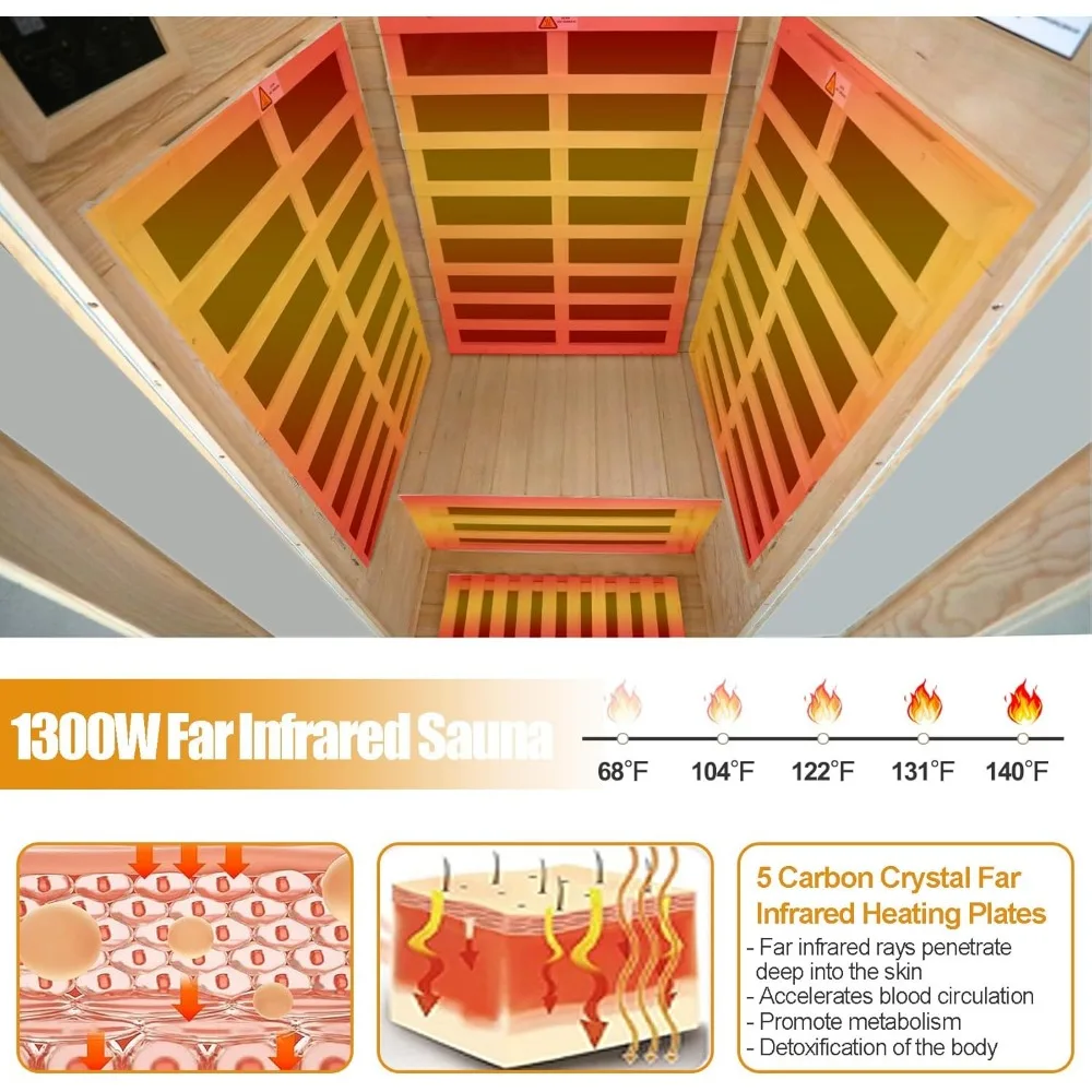 Sauna infravermelha distante Sauna de madeira canadense Hemlock para 1 pessoa, 1300 W Baixo EMF com painel de controle, alto-falantes Bluetooth, lâmpada de leitura LED