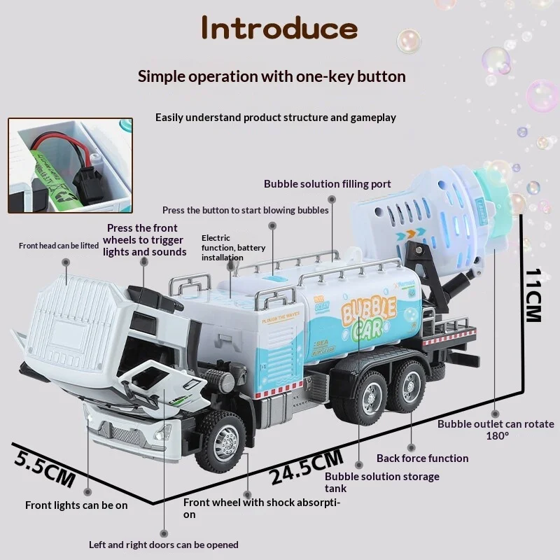 Alloy Electric Bubble City Sanitation Spray Truck Large Size Kids Toy Car With Music Light Pull Back Function Openable Doors