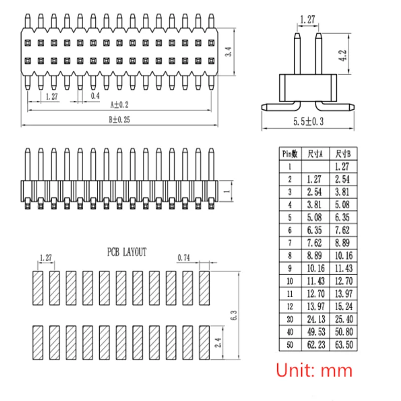 10Pcs 1.27mm Strip Double Row Male Pin Header Connector 1.27 SMD SMT Pinheader Socket 2*3/4/5/6/7/8/10/12/15/20/40/50P