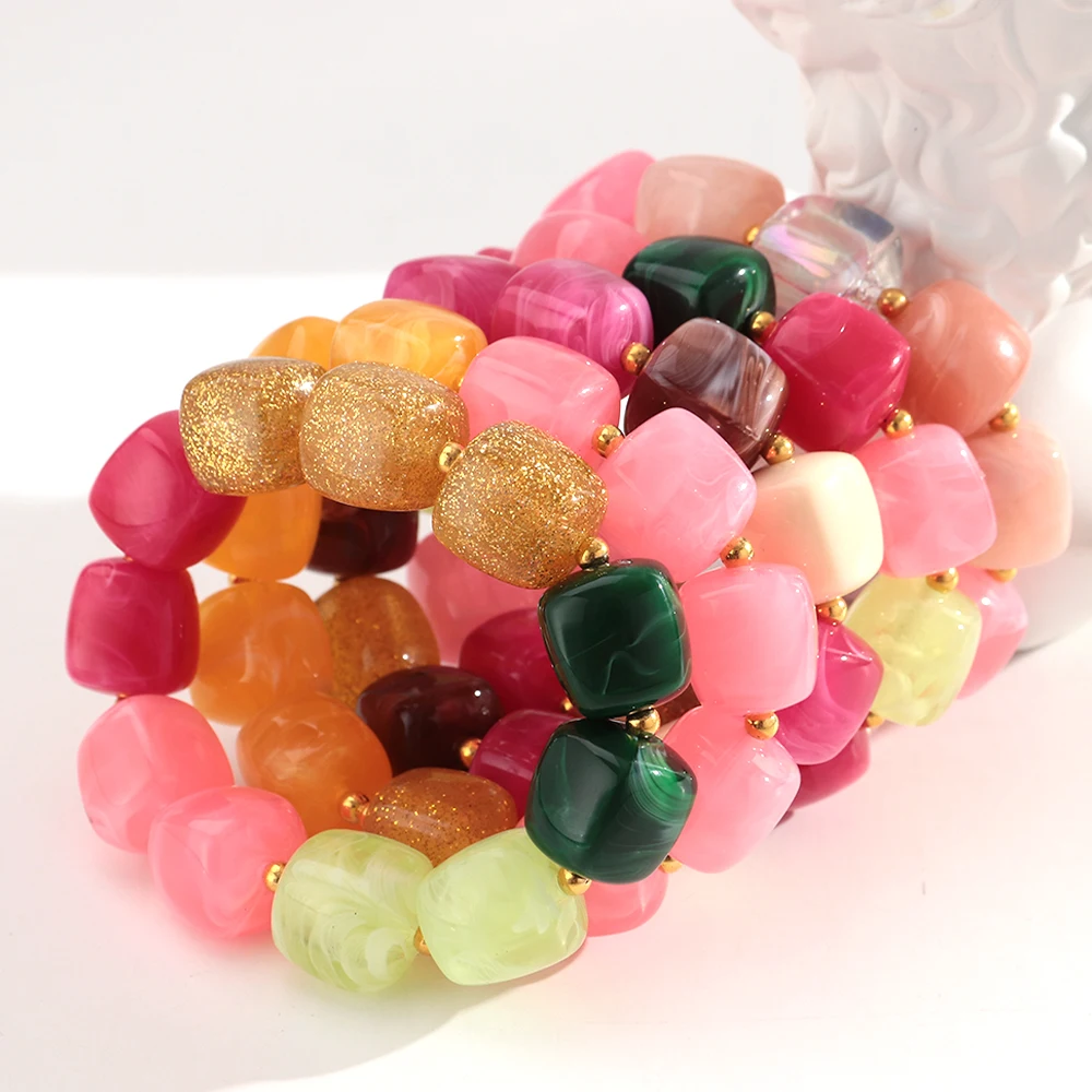 Boho Buntes Abakus-Armband mit Elastischen Perlen für Damen, Modisches Stapelbares Harz-Acryl Flachkreis-Armband mit Goldenem Abstandhalter, Schmuckgeschenk – Detail 11