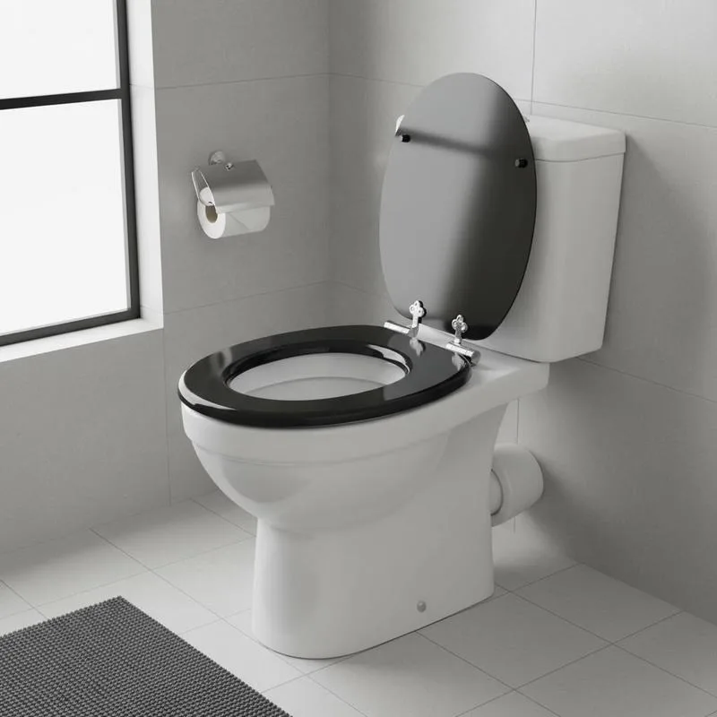 Siège de toilette à fermeture douce en MDF, noir, 44x38cm, décoration de salle de bain, amélioration de l'habitat, cadeau d'été, fête des pères, cadeau de pendaison de crémaillère, rénovation d'appartement