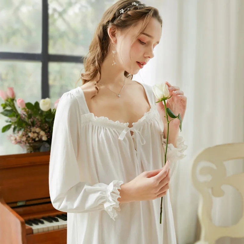 Dreamy Manor Women's Autumn Palace Style Long Sleeve Nightgown Retro Lace Square Neck Sweet Loose Princess Sleepwear Home Dress
