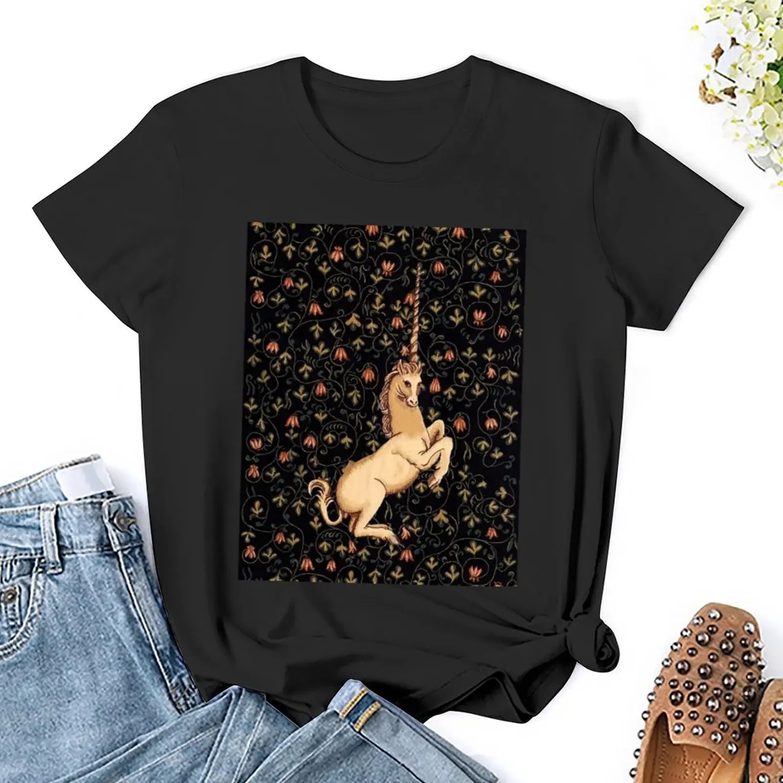 Medieval Unicorn Midnight Floral Tapestry T-Shirt tops summer tops workout shirts for Women