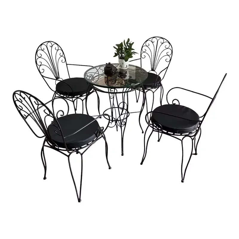 Traditional Modern Outdoor Dining Table and 4 Chair Set Iron Frame Wrought Iron Pattern Weather Resistant Durable Garden