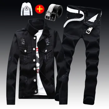 2pcs Set New Men's Denim Jacket Pants Single Breasted Holes Casual Coat + Trousers Cool Boys Jackets Free Send T-shirt+belt