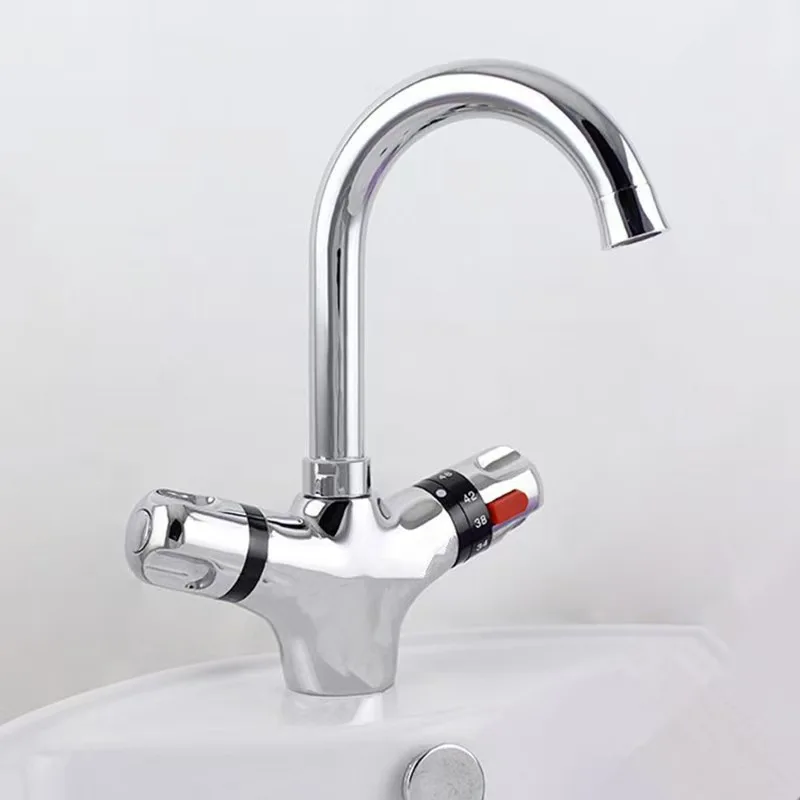 Flexible Thermostatic Faucet for Basin/Kitchen 360 Degree Rotatable Bathroom Mixing Tap Deck Mounted Brass Thermostatic Mixer