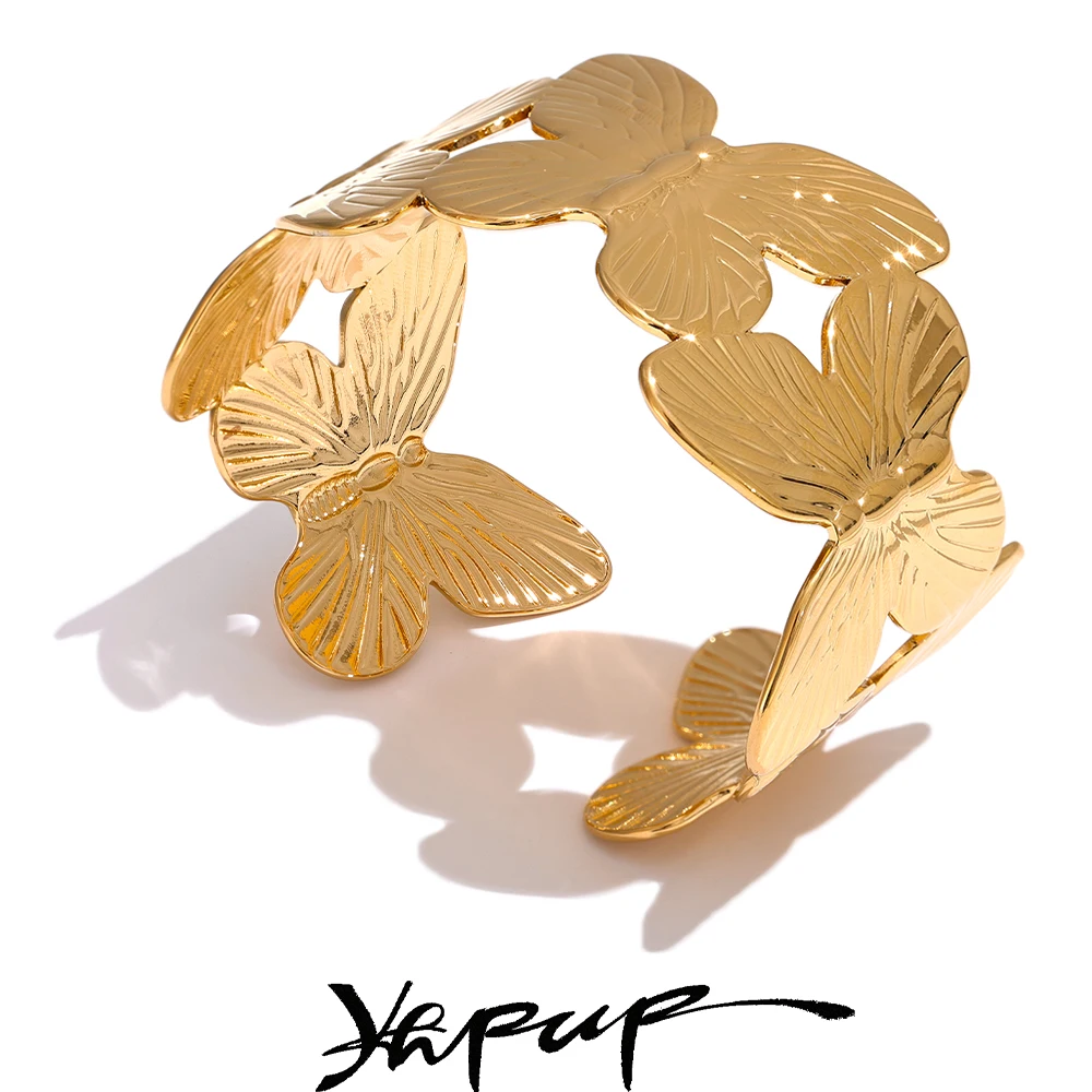 Yhpup Popular Stainless Steel Metal Butterfly Wide Cuff Open Adjustable Bracelet Bangle Tarnish Resistant Charm Jewelry
