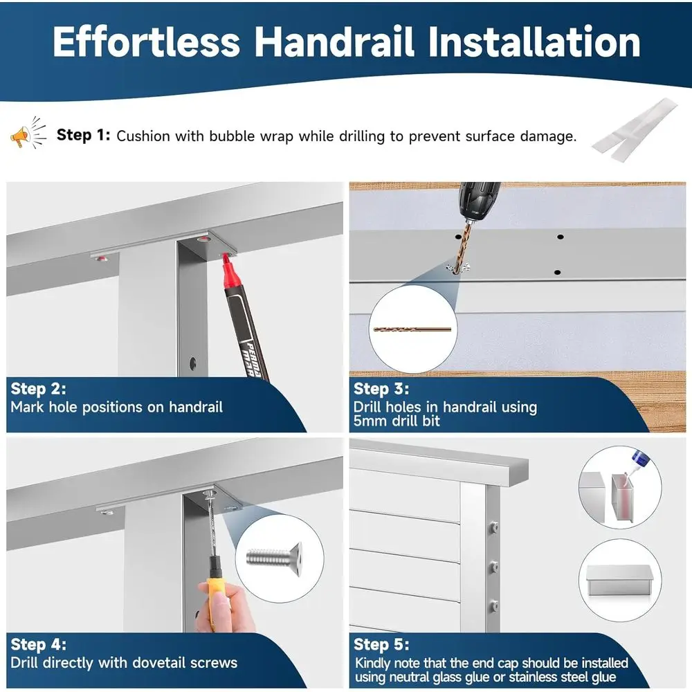 درابزين مصقول من الفولاذ المقاوم للصدأ T304، عبوتان من درابزين كابلات مستطيلة، حاجز علوي مسطح مع أغطية نهاية معدنية للداخلية والخارجية
