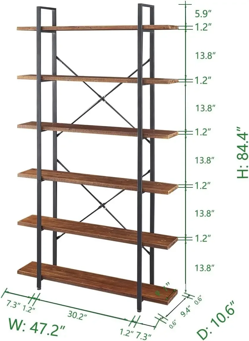 6Tier Tall Industrial Etagere Bookcase&Storage Shelves Heavy Duty,Rustic Large Open Vertical Metal Natural Real Wood Book Shelf