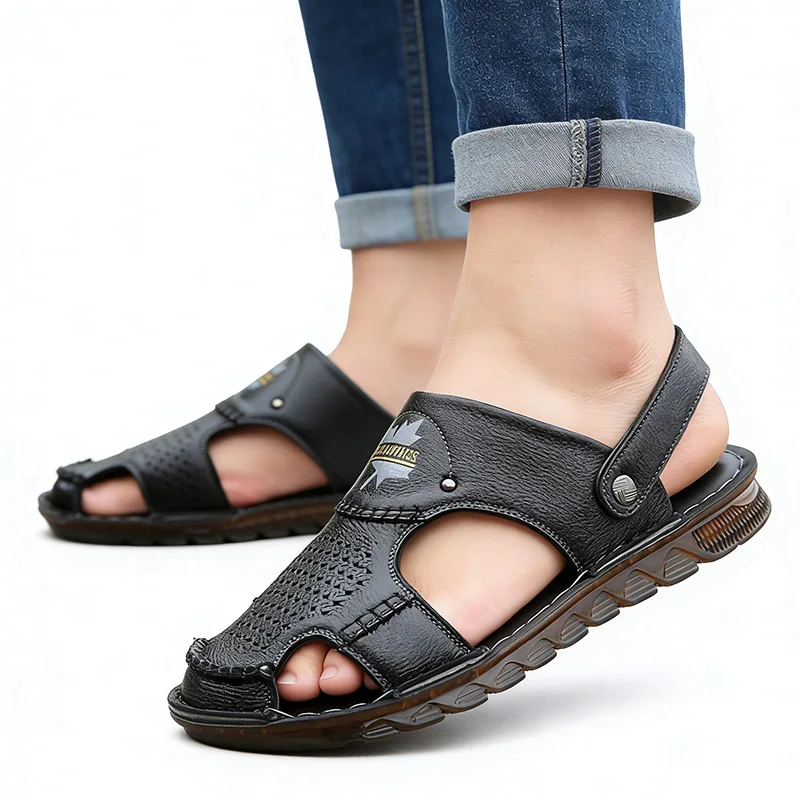 100% Genuine Leather Summer Shoes Mens Sandals Fashion Brand Male Footwear Flat Non-slip Cow Leather Summer Holiday Shoes DX445