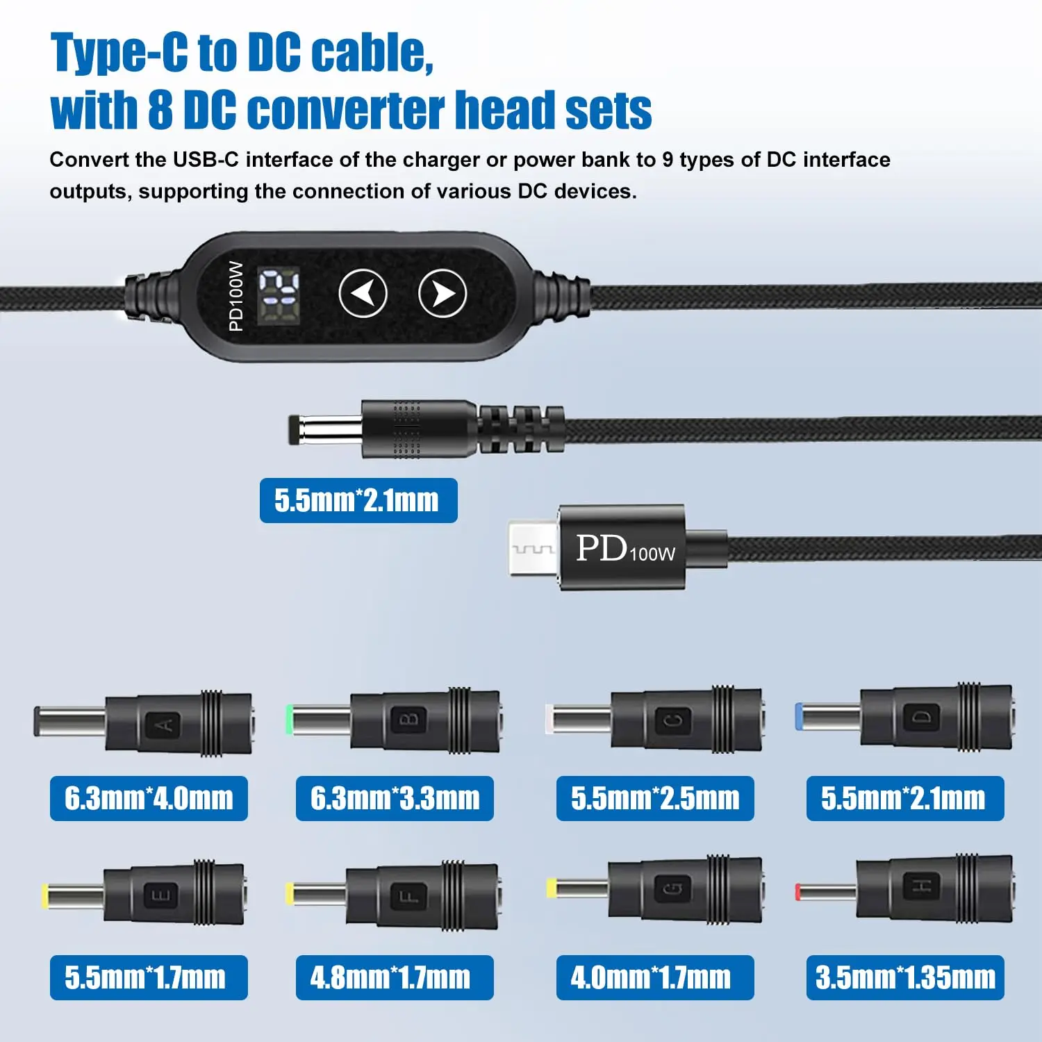 100W USB C to DC Charger, Barrel PD Trigger Cable with 8 DC Conversion Heads and LED Display Screen, DC 5V/9V/12V/15V/20V to DC