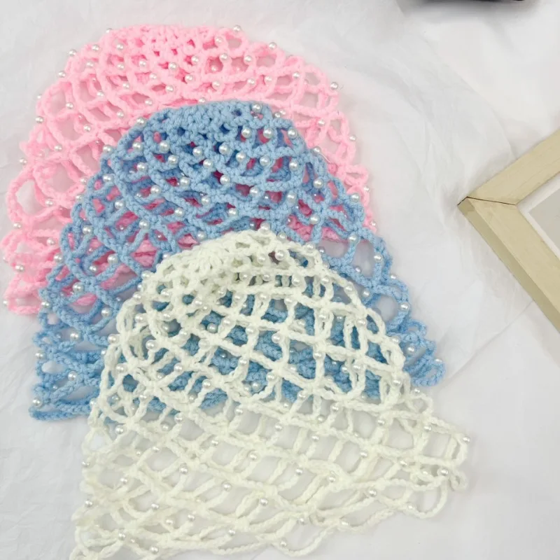 Women Hand‑Knitted Hollow Beaded Hat, Four‑Season Fishnet Crochet Beanie Breathable Head Wrap Wholesale