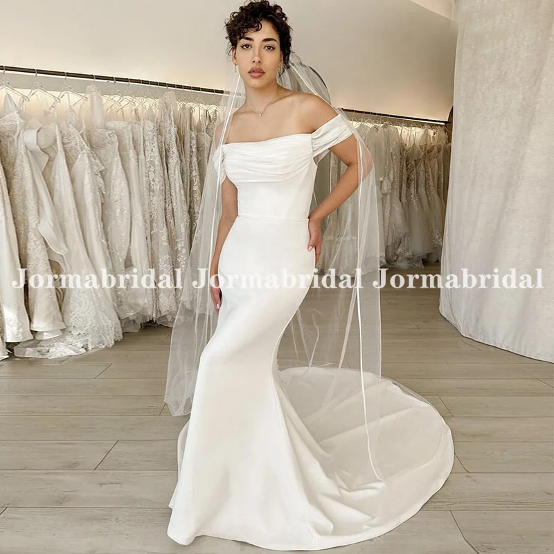 

Long Crepe Mermaid Bridal Dress with Pleated Chiffon Straps Simple Off the Shoulder Buttons V-back Wedding Gown Vestido de novia