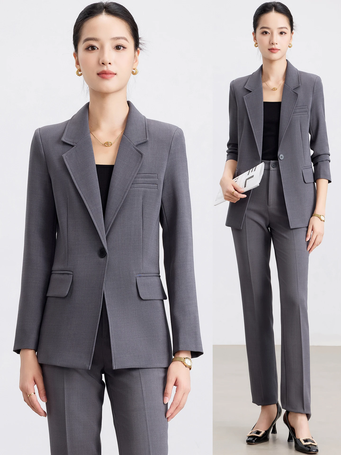 Gray Suit Set Women's Spring Autumn Formal Workwear Elegant Commute High-End Professional Outfit West Coat Button Pocket