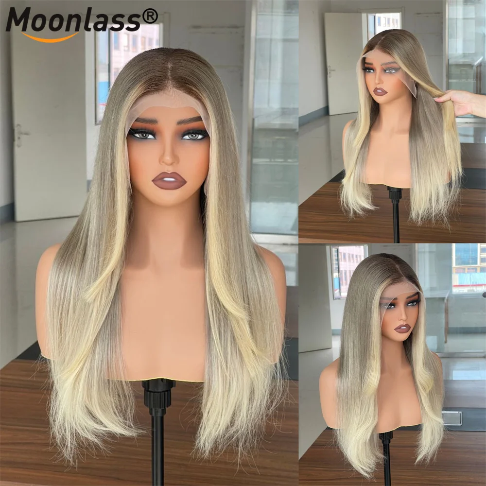 13x6 Lace Front Human Hair Wigs Balayage Hightlight Ash Blonde Beige Ombre Wig Human Hair Pre Plucked Long Straight Layered Cut