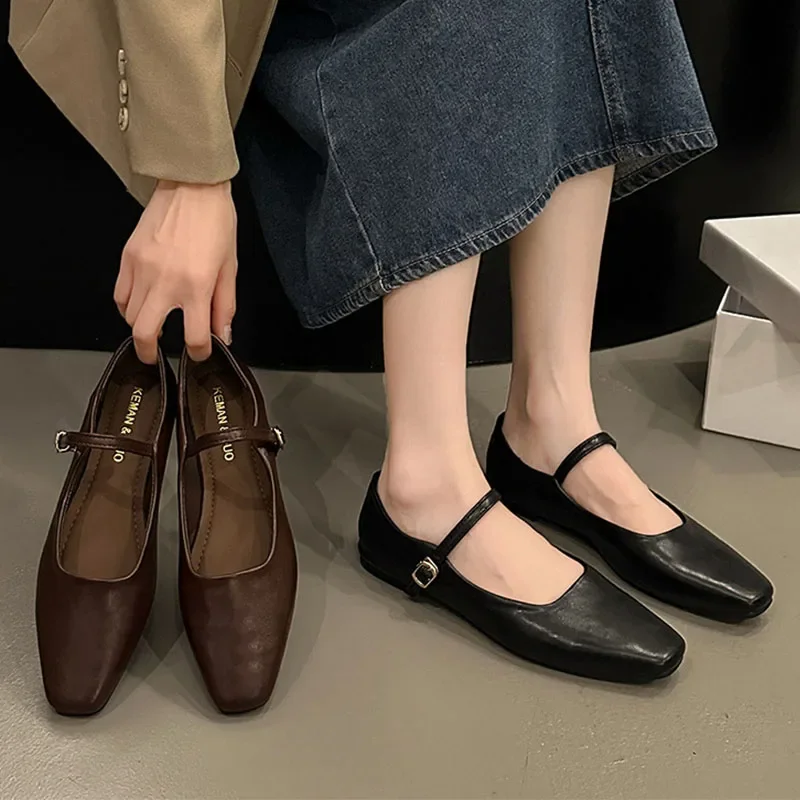 Women Flats French Square Toe Pumps Buckle Strap Mary Jane Shoes Brown Black Microfiber Leather Shoes Soft Sole Lady Work Shoes