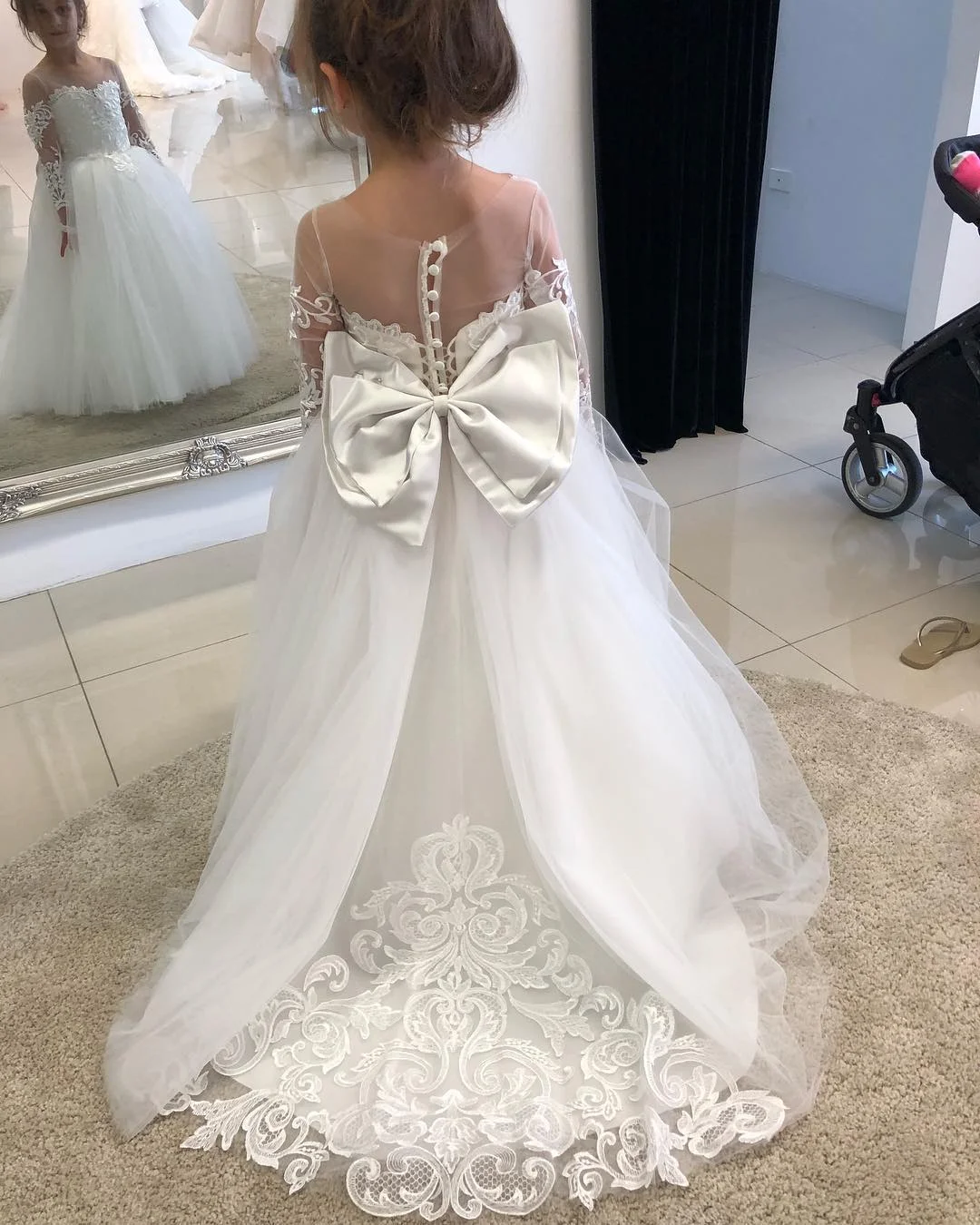 MisShow New Bow Lace Ball Gown Flower Girl Dresses For Wedding Sweet Long Sleeve Soft Tulle Girls Princess Communion Dresses