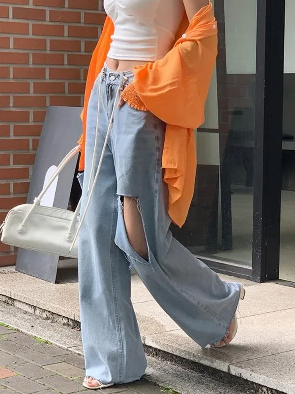 Retro Versatile Wide Leg Jeans Long Pants Personality Worn Design Casual Style Natural Waist Denim Blue Cotton Soft Fabric