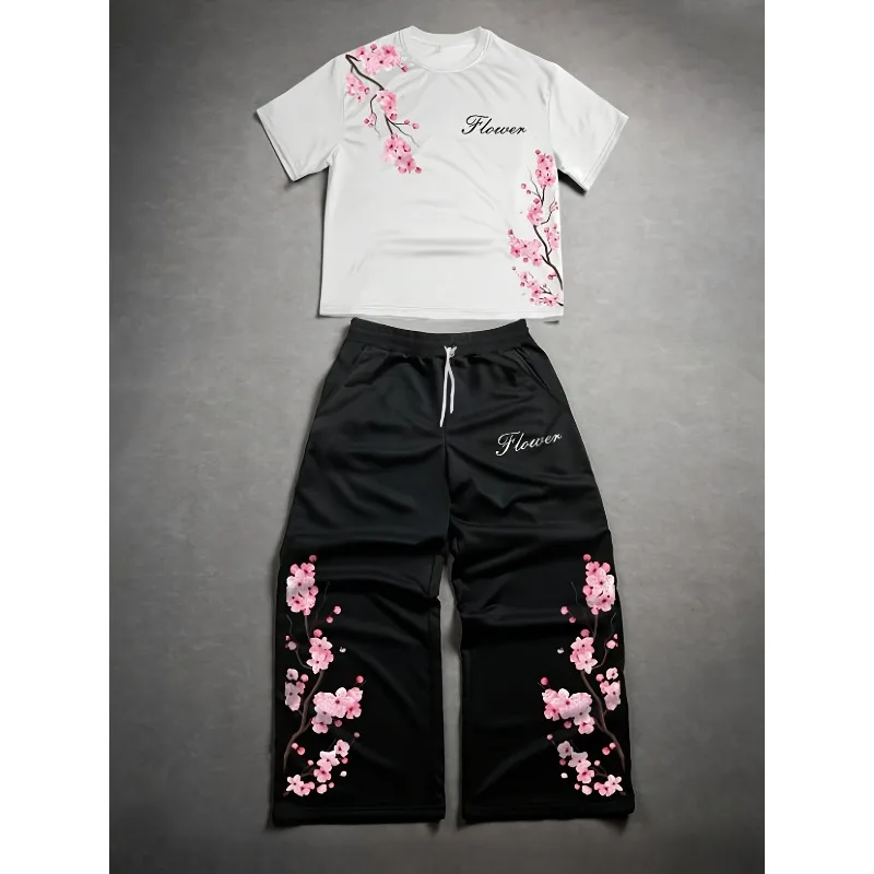 Flower Leisure Set with Diagonal Pink Plum Blossom Print Short Sleeved High Waisted Drawstring Wide Leg Pants Set