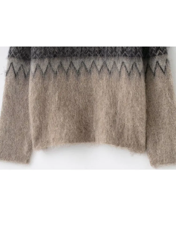 HH نساء موضة رقبة مستديرة تأثير المطاط سترة جاكار أنثى شارع العليا عادية دافئة كم طويل بلوفر شتوي سترة #4