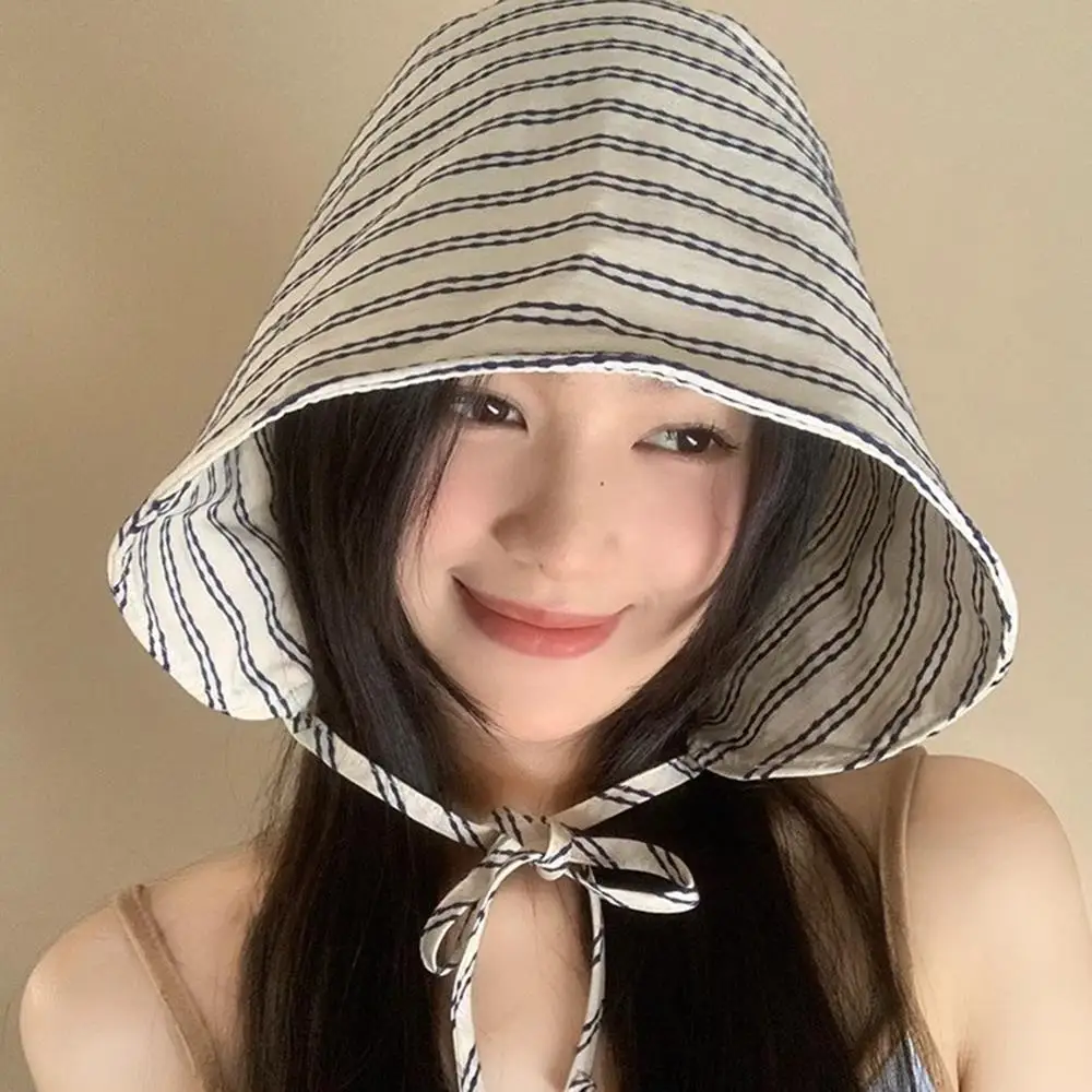 Candy Color Ponytail Sun Hat Outdoor Panama Beach Sun Cap Korean Spring Summer Striped Strap Bucket Hat For Women Men Foldable