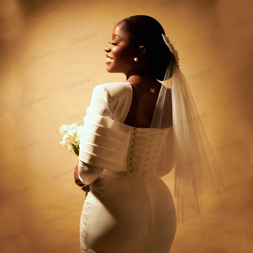 Civil White Wedding Dresses for Bride Sheer Neck Long Sleeves Tea Length Pearls Corset Nigeria Court Bridal Gown Customized image 6