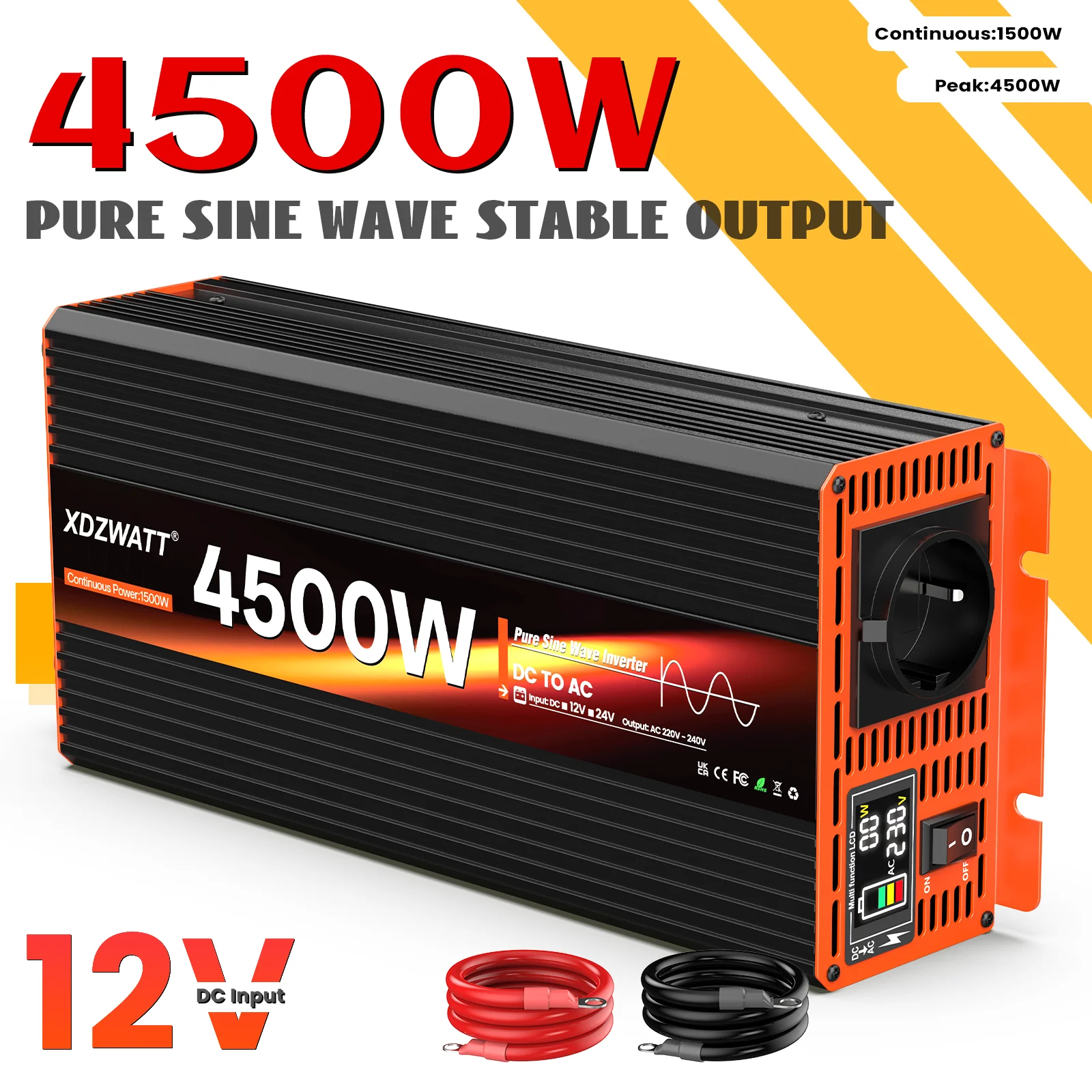 

4500 Вт пиковая мощность, чистая синусоида, инвертор постоянного тока 12 В в переменный ток, 220 В, 230 В, розетка европейского стандарта для дома на колесах, бытовая техника, ЖК-дисплей, защита