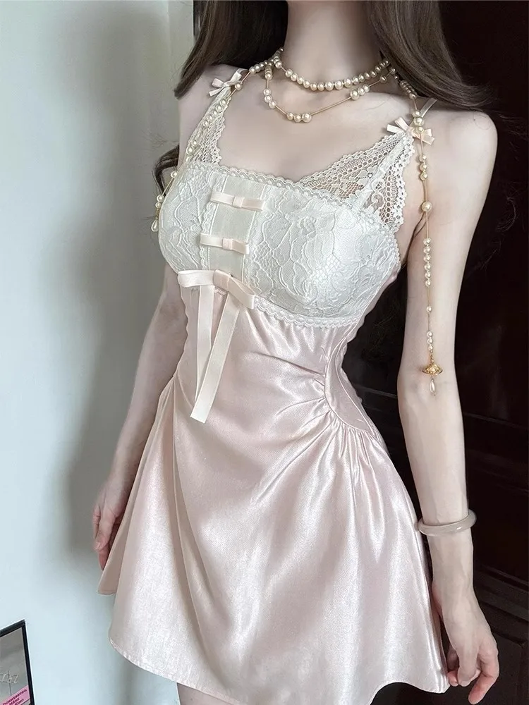 

Fashion Retro Satin Mini Dress Women One-Piece Jacquard Floral Lace Bow Corset Cami Rompers Date Going Out Summer Clothes