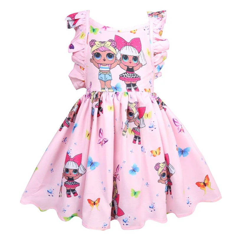 LOL-Robe de princesse à imprimé dessin animé pour filles, vêtements de poupées pour enfants, robe d'anniversaire pour enfants, chapeau pour fille, bébé, tout-petit, été