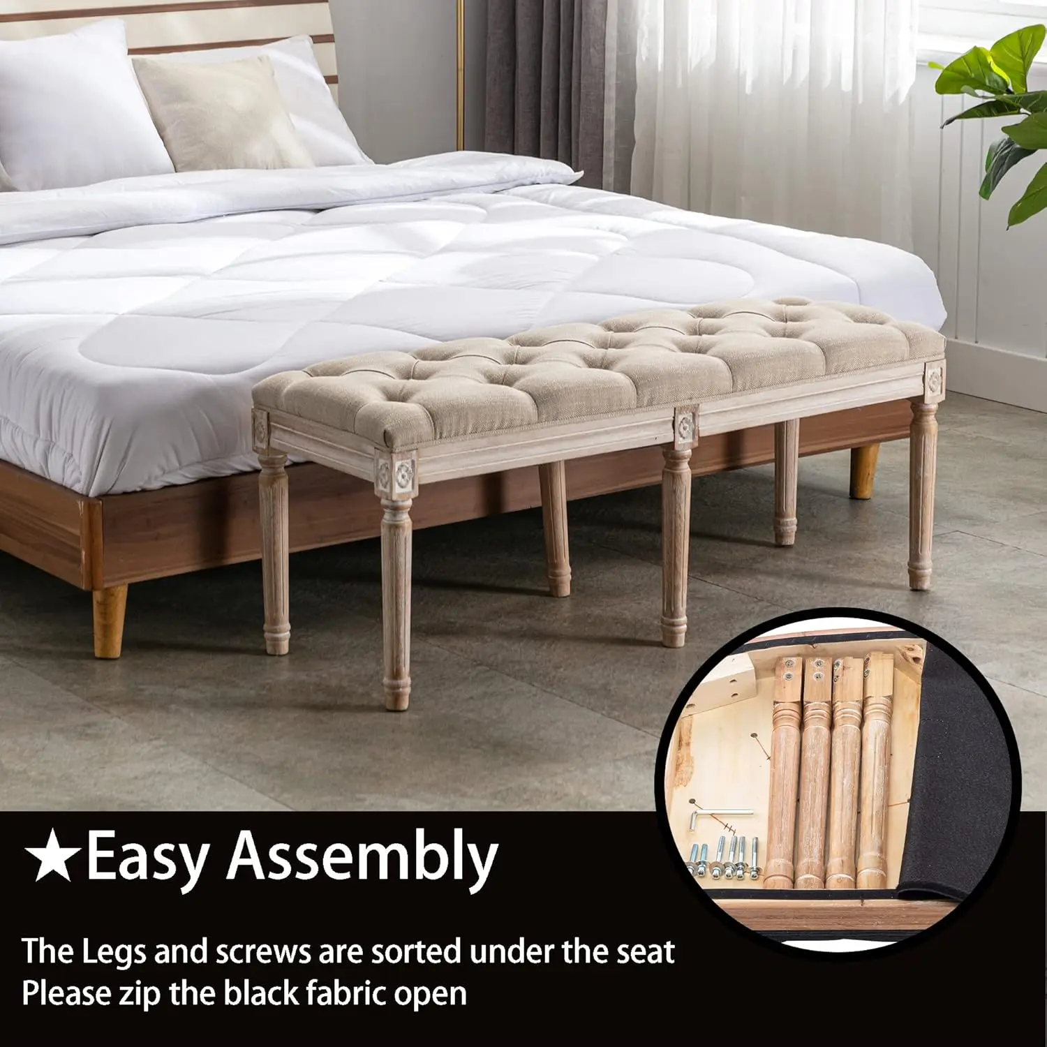 Eetbank Franse vintage stof gestoffeerd hout Eetkamerbank Rustieke entreebank Slaapkamer eindbedbank, Beige