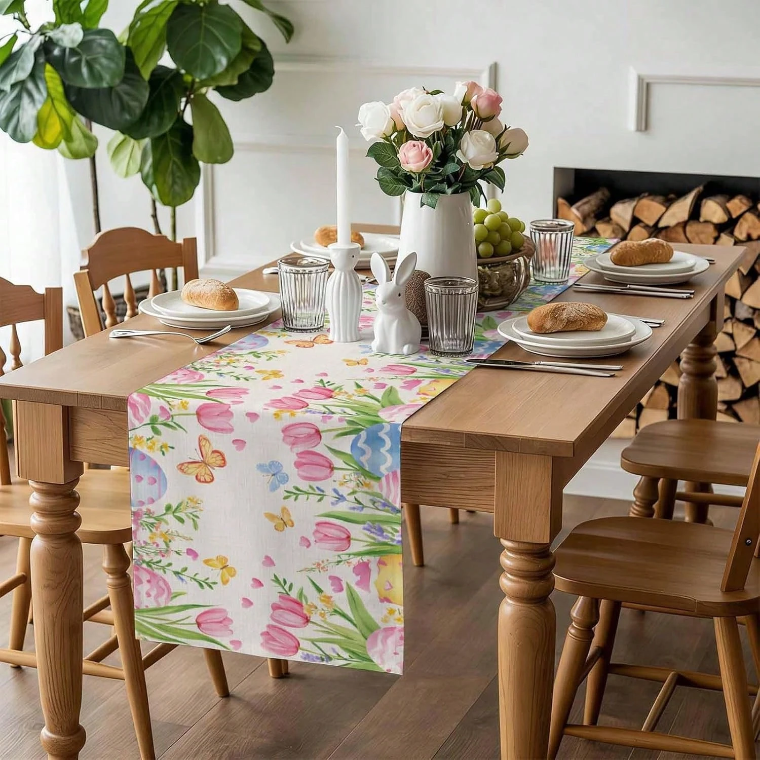 1pc Easter Tulip & Egg Table Runner - Linen 2D Print Watercolor Floral & Butterfly Design, Perfect for Kitchen Dining Table Deco