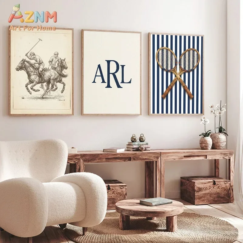 AZNM Vintage Polo Tennis Sport Canvas Wall Art, Retro Equestrian Sketch Navy Striped Art Print, Unframed Canvas Painting for Liv
