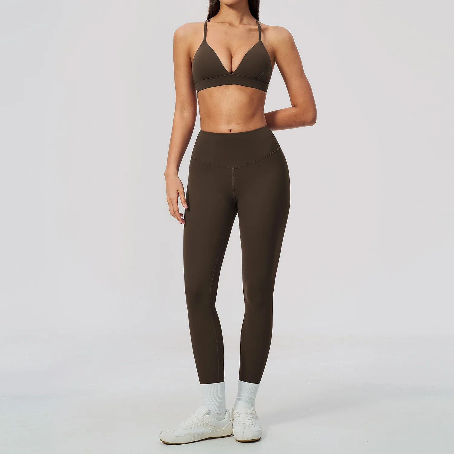 Woman Yoga Set Fitness Suit 2PCS Gym Clothing Running Workout Sportswear Outfit Tracksuit Set V Neck Cross Back High Waist Pants