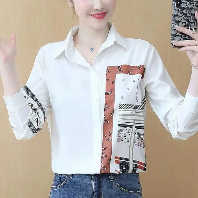 Primavera 2023 coreano Sle suelto impreso largo Sve mujer irt versátil adelgazante blanco Casual cuello de viaje abotonada