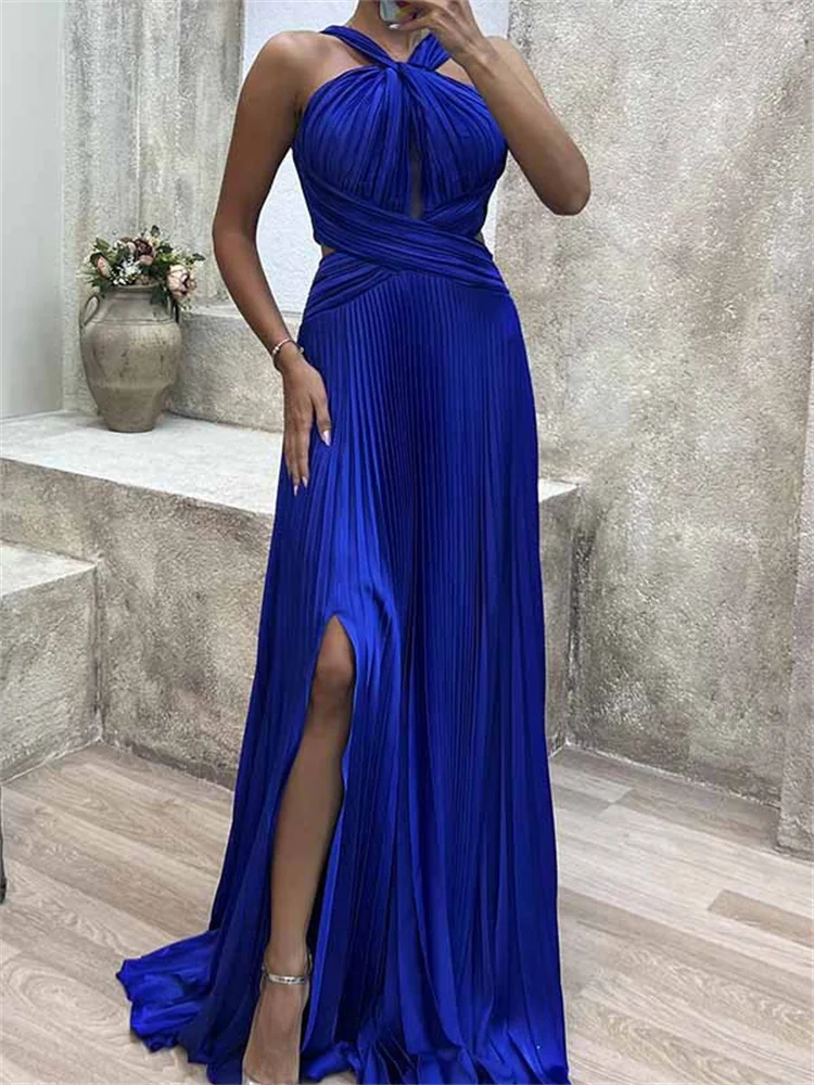 Wmstar Women Party Dress Sexy Pleated Slit Satin Solid Color Halter Sleeveless Club Fashion High Waist Birthday Evening Dresses