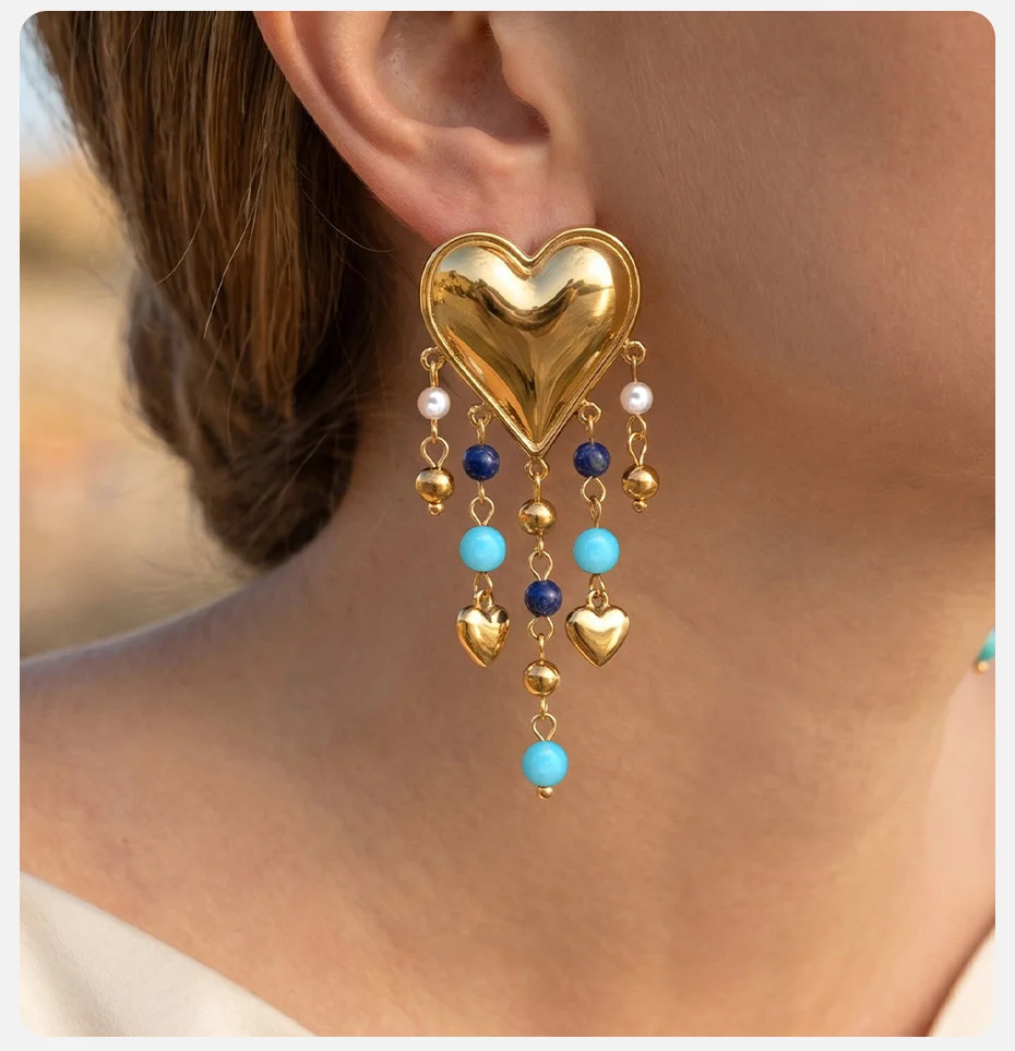 Vnox Böhmische Naturstein-Ohrhänger für Damen, vergoldet, mit Herzfransen, Lapislazuli, Türkis, Perlen, Ohrschmuck für den Strand – Detail 3