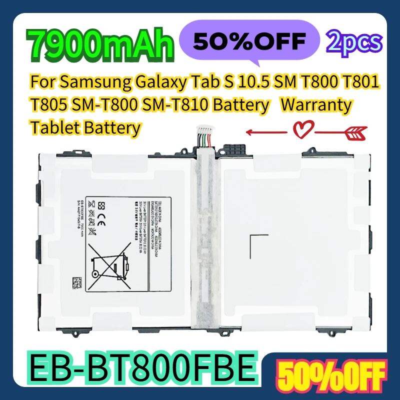 

2 шт. для Samsung Galaxy Tab S 10,5 SM T800 T801 T805 SM-T800 SM-T810 аккумулятор 7900 мАч EB-BT800FBE гарантийный аккумулятор для планшета