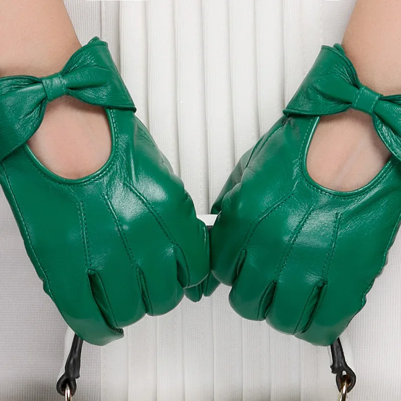 GOURS Winter Real Leather Gloves Women Green Genuine Goatskin Gloves Thin Lined Warm Driving Fashion Rosette Mittens New GSL044