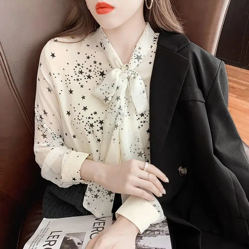 Elegant V-Neck Printed Drawstring Oversized Bow Chiffon Blouse 2022 New Loose Chic Tops Casual Women's Clothing Commute Shirt