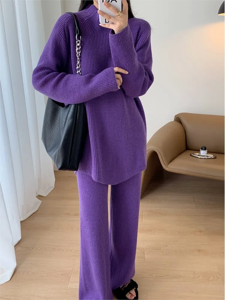 Knitted Autumn 2 Two Piece Set Women Casual Fashion Long Sleeve Ladies Sweaters Tops Loose Korean Style Woman Wide Leg Pants