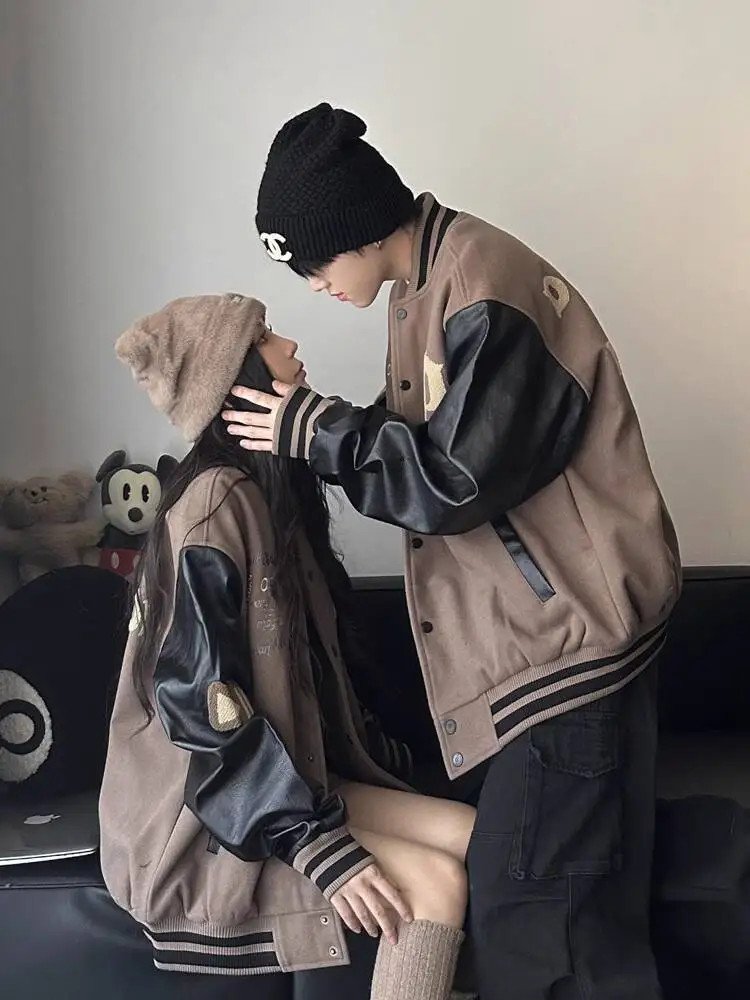 

Baseball Uniform Jacket Couple's Autumn Winter Loose High Street Unisex PU Leather Patchwork Bomber Coat Casual Outerwear