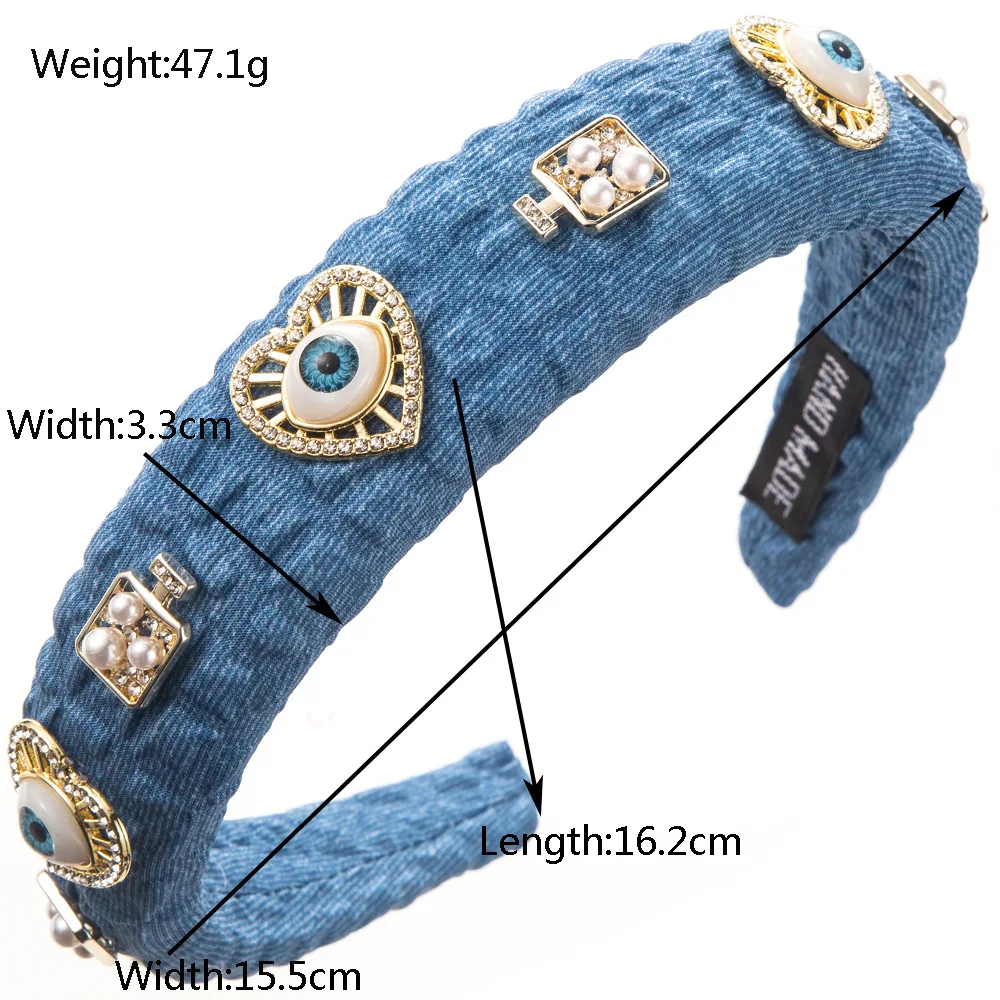 Retro Denim Fabric Devil\'s Eye Headband Female Alloy Heart Shape with Diamond Pearl Hair Accessories