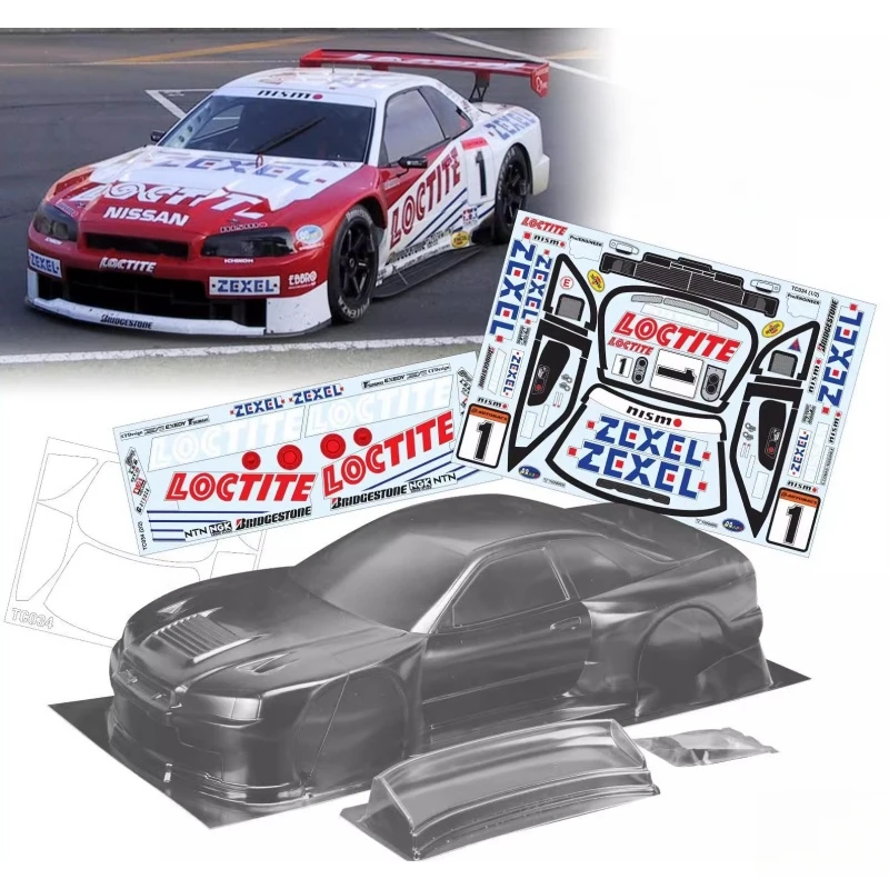 TC034 1/10 Nissan GTR R34 przezroczysty Lexan Body z tylna owiewka do podwozia 257mm RC Drift Tamiya TT-01 TT-02