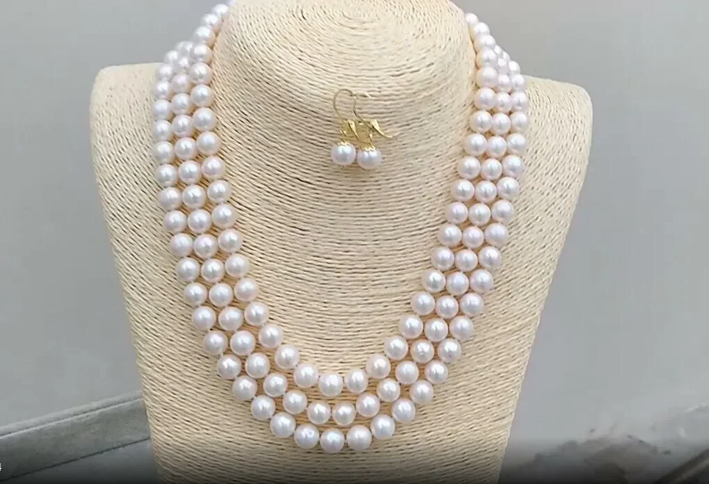 

Real 3 Strand Natural South Sea 9-10mm White Pearl Necklace Earrings 14k Gold p