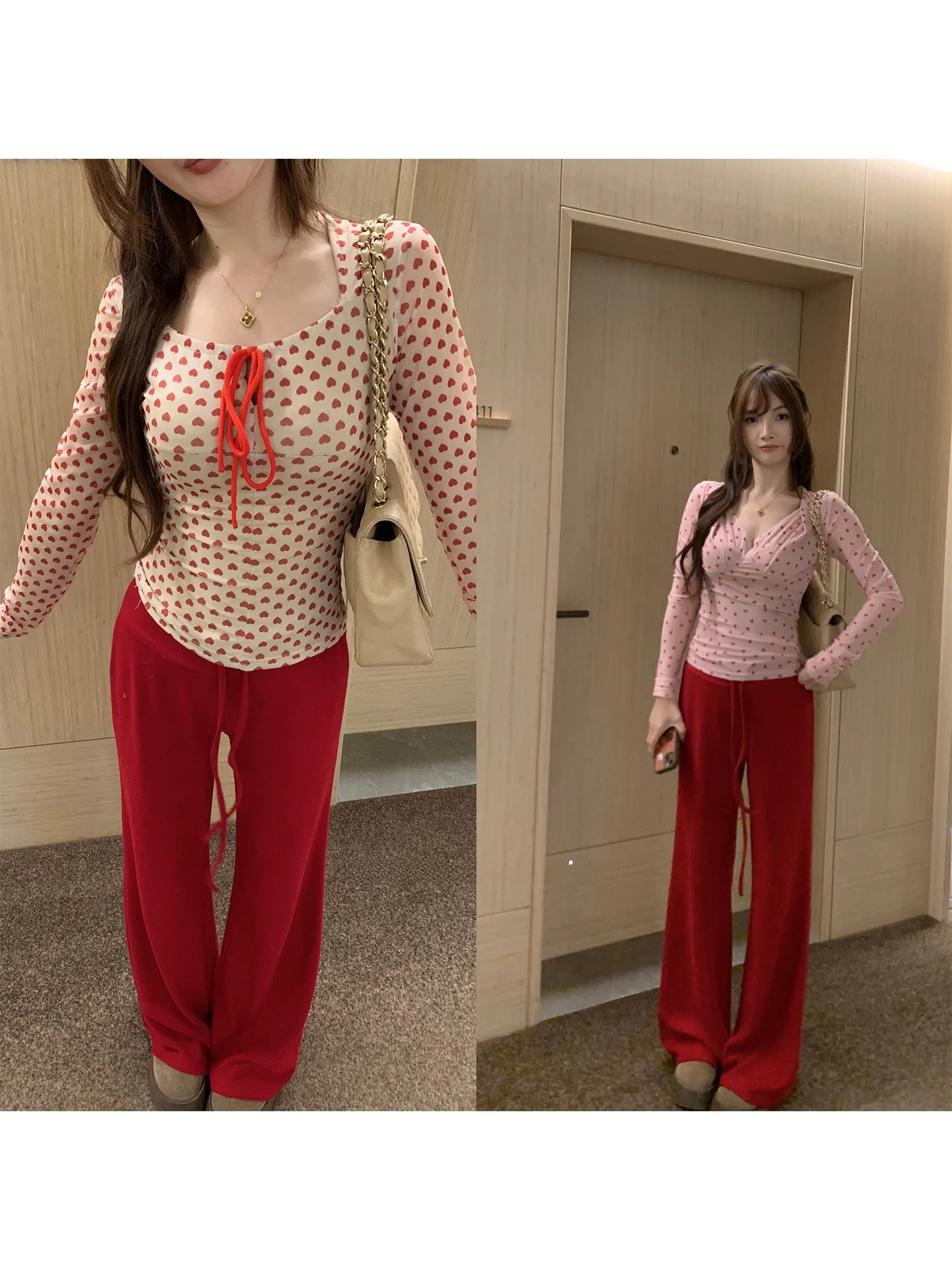 

Красные повседневные брюки с высокой талией для женщин: комфортные, хлопковые, универсальные, асимметричные, прямого кроя, серия Wall Pu